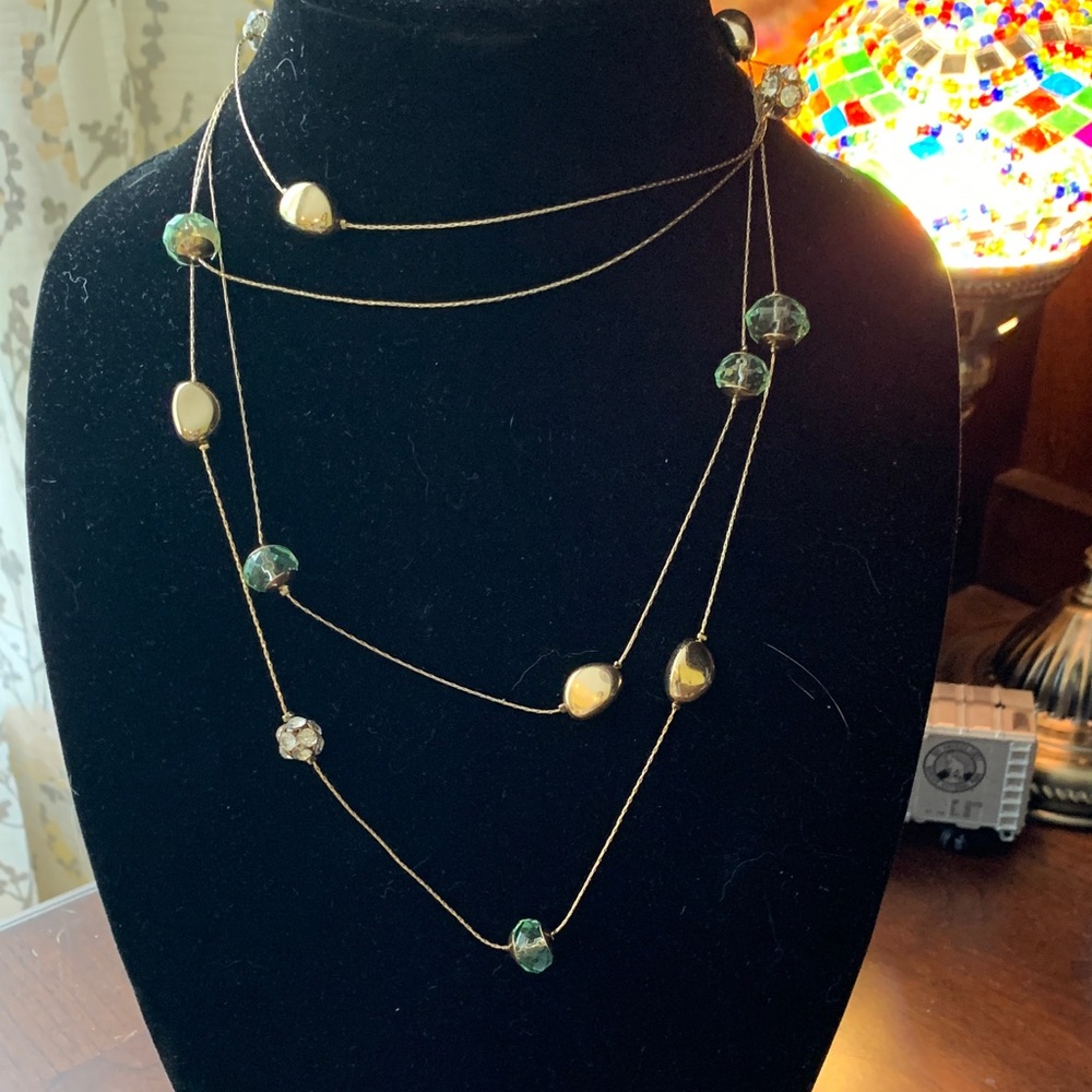 Elegant Multi-Strand Costume Necklace with Green and Gold Accents